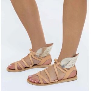 Ancient Greek  Nephele Wing Flat Sandal in Natural/Gold Leather | Size 7